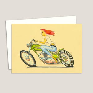 Feministische biker-wenskaart met een handgetekende illustratie van de vrijheid van de weg, ideaal voor de verjaardag van een vriendin, blanco van binnen
