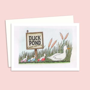 Cute Ducks Greeting Card with a Hand Drawn Illustration of a Family of Ducks on the way to the Pond, Blank Inside for Your Own Message