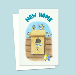 Carte de voeux pour une maison neuve - Illustration d'oiseaux de jardin - Carte de pendaison de crémaillère - Intérieur vierge