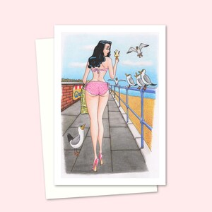 Seaside Postcard Greeting Card - Old Style Cartoon Art Card for Any Occasion - Blank Inside for your Own Message