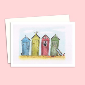 Beach Huts Grußkarte - Handgezeichnete Bleistift-Illustration einer Küsten-Szene - Jede Anlass-Karte für Freunde oder Familie - Innen leer