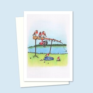 Cute Birds Greeting Card with a Hand Drawn Fishing Rod and Robins on the Riverbank Illustration, Blank Inside for your Own Message