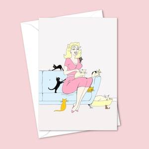 Crazy Cat Lady Greeting Card with a Vintage Graphic Style Illustration, Perfect Birthday Card for a Cat Lover, Blank Inside