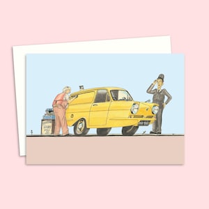 Karta z pozdrowieniami z przeszłości - ilustracja z kreskówki „Trójkołowy van” - nostalgiczna karta urodzinowa - pusta w środku na własną wiadomość