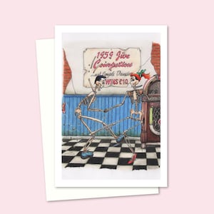 Dancing Skeletons Greeting Card with a Hand Drawn Cartoon Illustration for Any Occasion, Blank Inside for your Own Message
