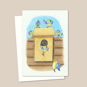 Carte de voeux Oiseaux de jardin - Illustration dessinée à la main d'un nichoir pour oiseaux - Intérieur vierge pour votre propre message