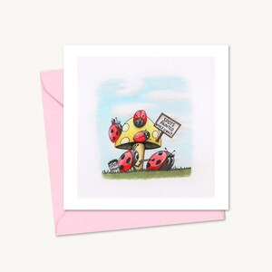 Funny Ladybirds Greeting Card with a Hand Drawn Illustration of Cute Ladybugs Getting Their Spots Painted, Blank Inside for Your Own Message