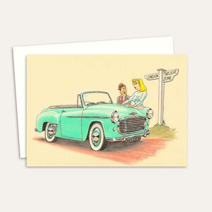 Retro kunstkaart - handgetekende illustratie van het leven vóór navigatiesystemen - potloodillustratie klassieke auto uit het midden van de eeuw, geïnspireerd op de cultuur van de jaren 1950