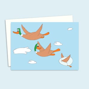 Carte de voeux Flying Ducks avec une illustration dessinée à la main, adaptée à toutes les occasions, vierge à l'intérieur pour votre propre message