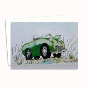 Frogs & Classic Car Birthday Card - Funny Hand-Drawn Greeting Card for All Occasions - Blank Inside for Your Personal Message