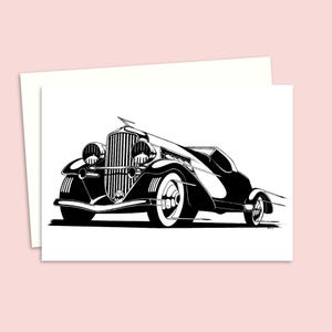 Vintage Car Greeting Card with a Detailed Pen and Ink Illustration of 1930s Classic, Ideal for Classic Car Lover's, Blank Inside