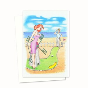 Carte de voeux Crazy Golf - Illustration de style carte postale de bord de mer dessinée à la main - Intérieur vierge pour votre propre message