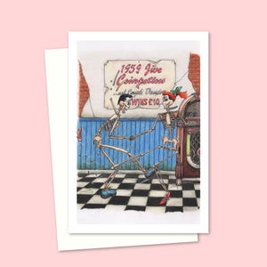Dancing Skeletons Greeting Card - Hand Drawn Cartoon Illustration for Any Occasion - Blank Inside for your Own Message