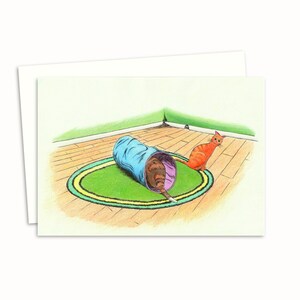 Katzen Kunst Grußkarte - Handgezeichnete süße Katzen und ihr Spieltunnel - Perfekt für Katzenliebhaber - Innenseite leer für eine persönliche Note