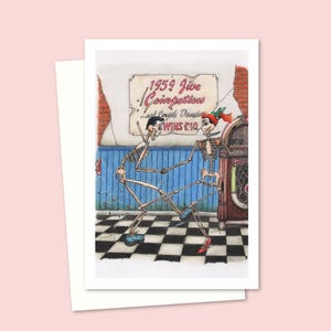 Dancing Skeletons Greeting Card - Hand Drawn Cartoon Illustration for Any Occasion - Blank Inside for your Own Message