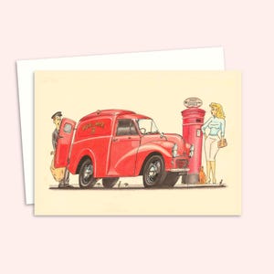 Post Office Van Greeting Card with a fun illustration with Nostalgic Mid Century Vibes, Blank Inside for your own Message