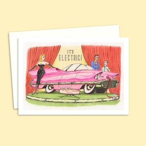 Retro Electric Car Card - Hand Drawn Cartoon Greeting Card for Any Occasion with a Mid Century Style Illustration - Blank Inside