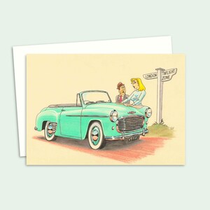 Cartão de felicitações engraçado - Cartão de aniversário com uma ilustração desenhada à mão - Desenho animado de carro clássico de meados do século - Em branco por dentro para sua própria mensagem