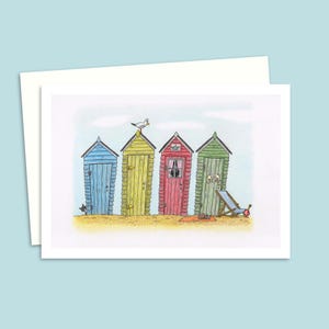 Beach Huts Greeting Card - Birthday Card with a Hand-Drawn Pencil Illustration of a Seaside Scene - Any Occasion Card For Friends or Family
