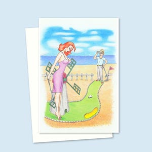 Crazy Golf Greeting Card with a Hand Drawn Seaside Postcard Style Illustration, Blank Inside for Your Own Message