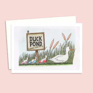 Carte de voeux mignons canards - Illustration dessinée à la main d'une famille de canards sur le chemin de l'étang - Intérieur vierge pour votre propre message