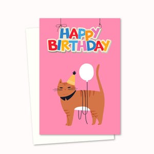Party Cat Birthday Card with a Cute Ginger Cat Cartoon, Blank Inside for Your Own Message
