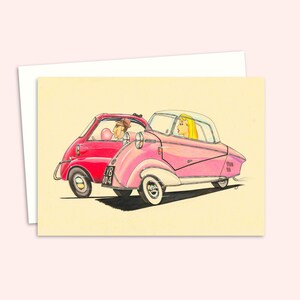 Wenskaart met een handgetekende potloodillustratie van iconische auto's uit de jaren vijftig - leuke retro kunstkaart voor elke gelegenheid - blanco binnenkant