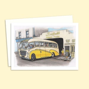 Coach Trip Greeting Card - Hand Drawn Illustration - Past Times Nostalgic Artwork - Any Occasion Card Left Blank Inside for Your Own Message