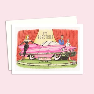 Retro Electric Car Card - Hand Drawn Cartoon Greeting Card for Any Occasion with a Mid Century Style Illustration - Blank Inside
