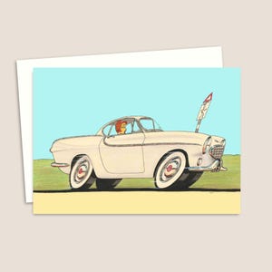 "Sechziger Jahre Auto Grußkarte mit einer handgezeichneten ""Retro"" Illustration für jeden Anlass, leer für Deine eigene Nachricht."