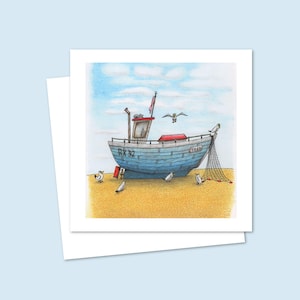 Fishing Boat Greeting Card - Hand Drawn Illustration of a Beach Side Scene - Ideal for Birthdays or Anniversaries - Blank Inside