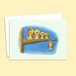 Owls Greeting Card with a Hand Drawn Illustration of Cute Owls on a Branch, Blank Inside for Your Own Message