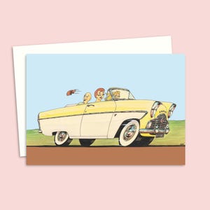 Cartão de felicitações engraçado com uma ilustração de nostalgia de meados do século - Adequado para qualquer ocasião - Cartão de arte de carro clássico - Cartão de dia dos pais