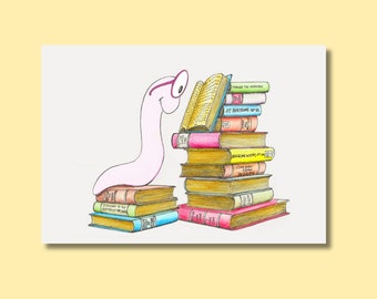 Bookworm Greetings Card | Book Lover Birthday Card | Cute Card | Bookish Gift | Funny Cartoon | Hand Drawn Illustration