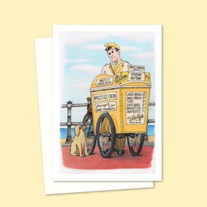 Nostalgic Seaside Greeting Card - Hand Drawn Illustration of an Ice Cream Seller by the Sea with an Adorable Dog - Blank Card