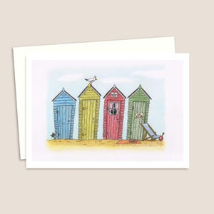 Beach Huts Grußkarte - Handgezeichnete Bleistift-Illustration einer Küsten-Szene - Jede Anlass-Karte für Freunde oder Familie - Innen leer