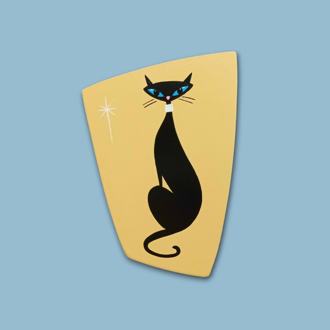 Mid Century Retro Black Cat Wall Art - Handmade Gift - Birthday Cat - Cat Lover