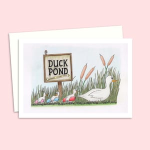 Niedliche Enten Grußkarte mit einer handgezeichneten Illustration einer Entenfamilie auf dem Weg zum Weiher zum Teich, innen blanko für Deine eigene Nachricht