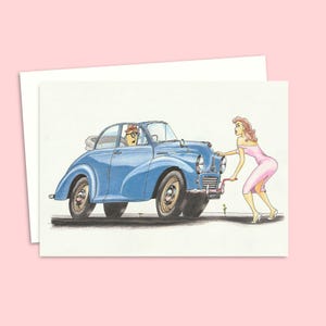 Tarjeta de felicitación con ilustración de un coche clásico, ideal para cualquier ocasión. Interior en blanco para tu propio mensaje. Tarjeta de cumpleaños.