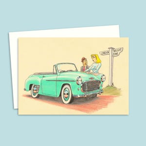 Funny Greeting Card - Birthday Card with a Hand Drawn Illustration - Mid Century Classic Car Cartoon - Blank Inside for Your Own Message