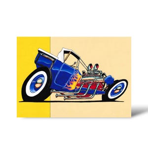 カーアートプリント - アメリカンカスタムカー愛好家へのプレゼントに最適 - クラシックホットロッドイラスト - A5サイズウォールアート