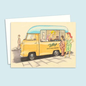 Zabawna kartka z kreskówek - kartka urodzinowa z ilustracją w stylu Mid Century - motyw lat pięćdziesiątych na każdą okazję - pusta w środku