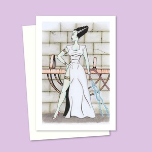 Carte de voeux gothique comique avec un dessin animé d'horreur décalé dessiné à la main, faire une carte d'anniversaire ou d'Halloween unique, vierge à l'intérieur