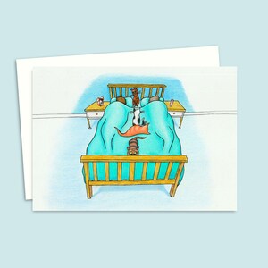 Cute Cats Greeting Card - Hand Drawn Illustration of Cosy Cats on the Bed - Ideal for Cat Parents - Blank Inside for Your Own Message