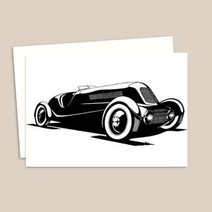 Cartão de aniversário de carro antigo - Ilustração em caneta e tinta - Cartão de felicitações perfeito para ele - Em branco por dentro