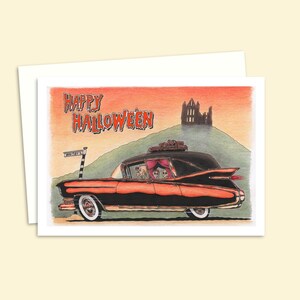 Funny Greeting Card Featuring an Original Illustration of a Skeleton Family Outing, Ideal for Birthdays or Halloween, Blank Inside