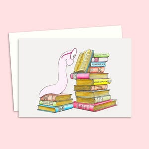 Bookworm Greeting Card - Hand-Drawn Cute and Funny Illustration for Book Lovers - Blank Inside for your Own Message