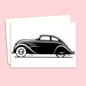 Carte de voeux en voiture - carte d'anniversaire pour un amateur de voitures - illustration dessinée à la main à la plume et à l'encre - idéale pour la fête des pères