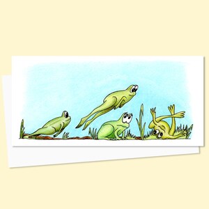 Funny Frogs Greeting Card - Hand Drawn Illustration of a Fun Game of Leap Frog - Blank Inside for Your Own Message