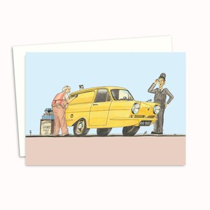 Past Times Greeting Card - Three Wheeler Van Cartoon Illustration - Nostalgia Birthday Card - Blank Inside for Your Own Message